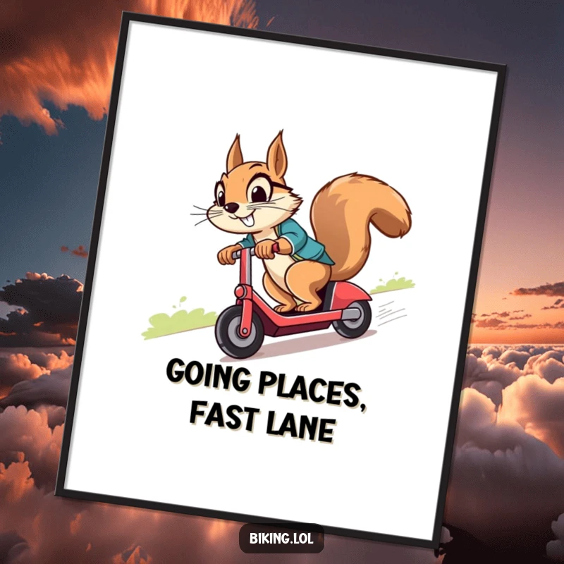 Funny Free Printable Wall Art: Determined squirrel with a cheeky grin, zooming downhill on a scooter, bringing quirky energy.