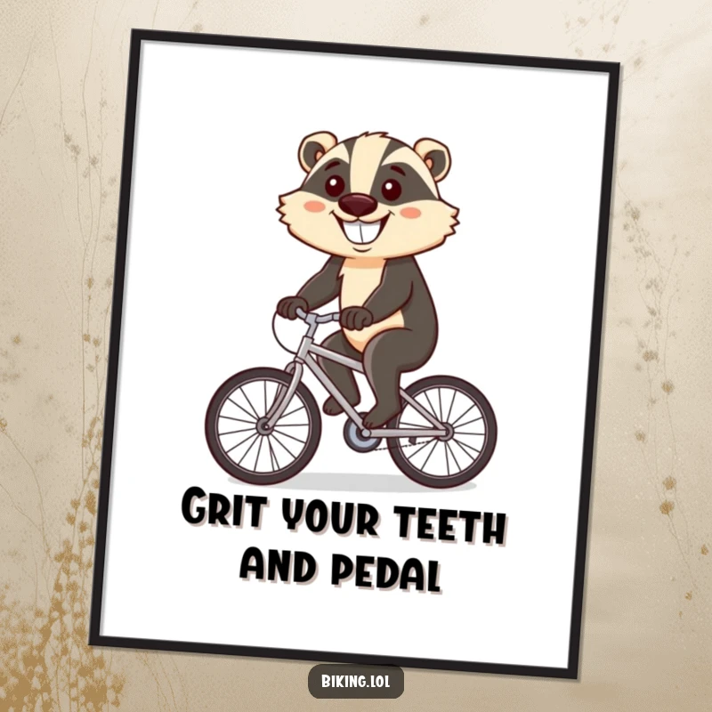 Funny Free Printable Wall Art: Determined badger with a huge grin, cycling determinedly uphill, inspiring and amusing.