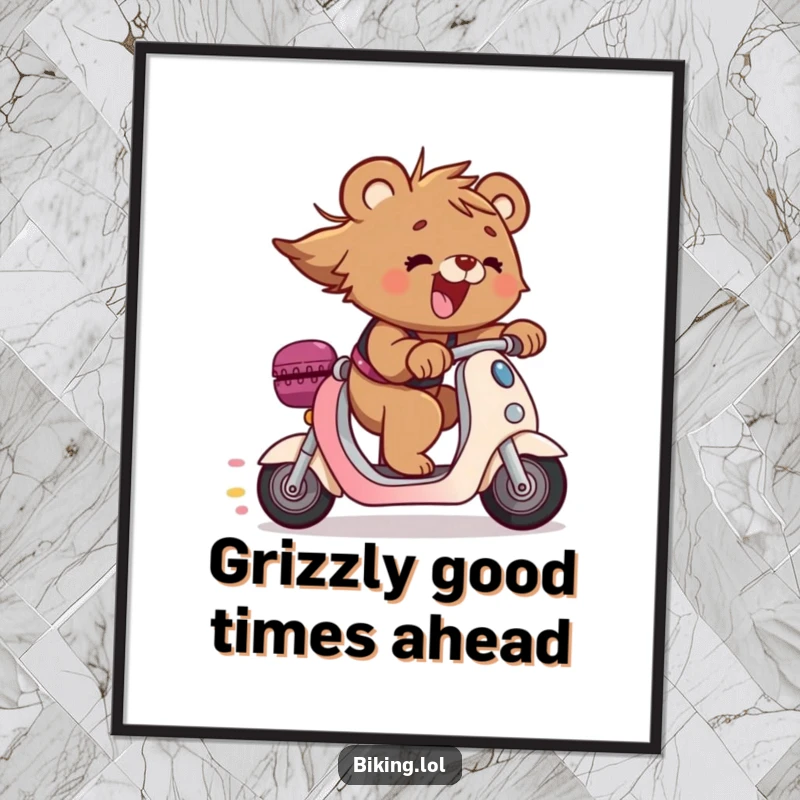 Funny Free Printable Wall Art: Bear cub zipping downhill on a scooter, wind in fur, energetic decor.