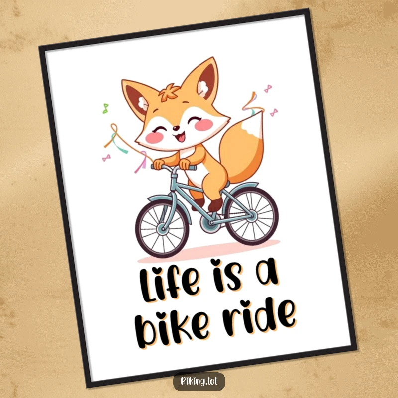 Funny Free Printable Wall Art: A smiling fox energetically cycling a bicycle with colorful streamers flowing behind.