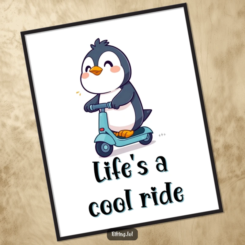 Funny Free Printable Wall Art: An excited penguin speeds along on a scooter with determination, bringing quirky, active humor.