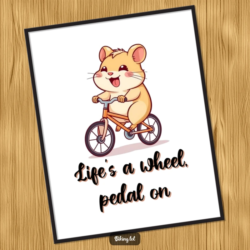 Funny Free Printable Wall Art: Joyful hamster pedaling a tiny bicycle uphill with a determined grin, a humorous piece of downloadable art.
