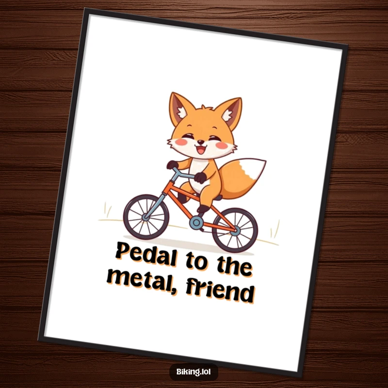 Funny Free Printable Wall Art: A happy fox joyfully riding a tiny bicycle downhill with outstretched paws, creating a comical scene.