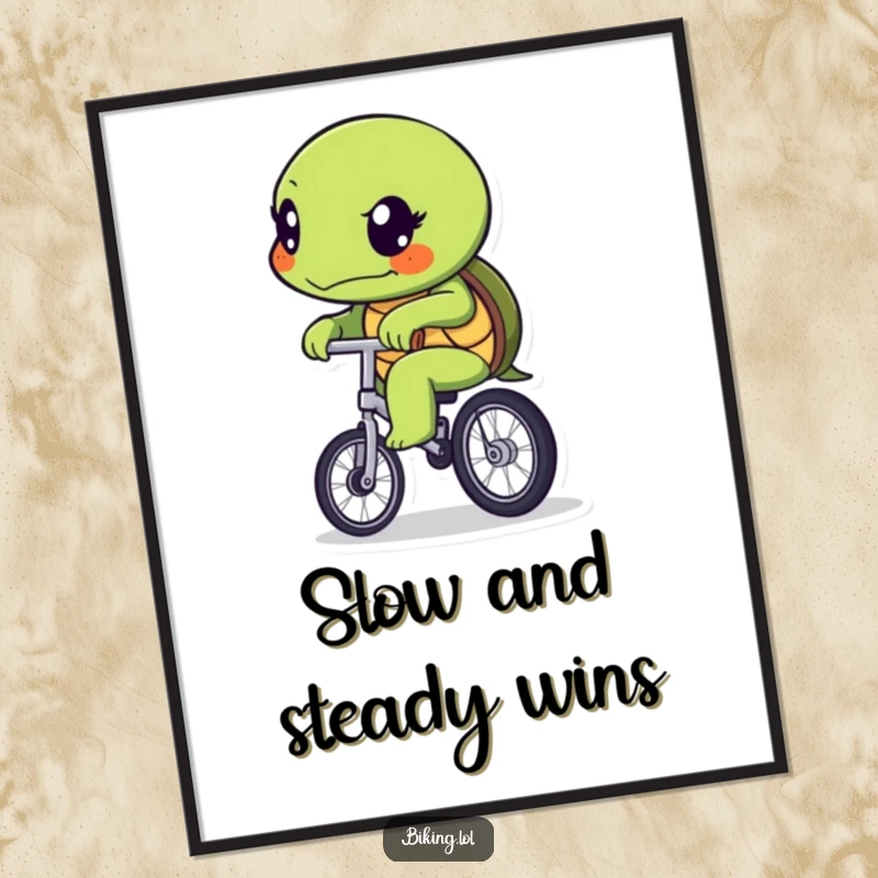 Funny Free Printable Wall Art: A turtle with a determined expression pedals a unicycle, showcasing slow and steady progress.