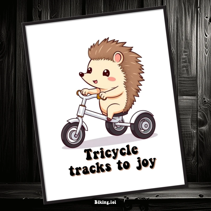 Funny Free Printable Wall Art: Curious hedgehog riding a tricycle, pointing ahead with excitement, humorous downloadable art.