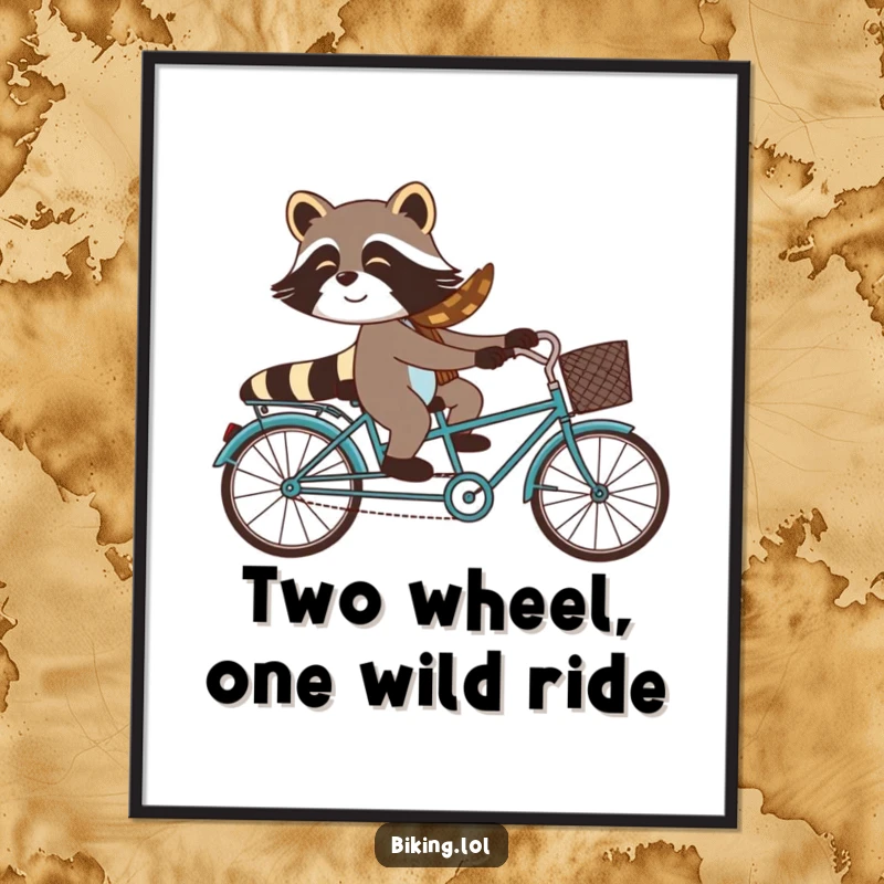 Funny Free Printable Wall Art: A silly raccoon humorously navigates a tandem bicycle with a very surprised passenger.