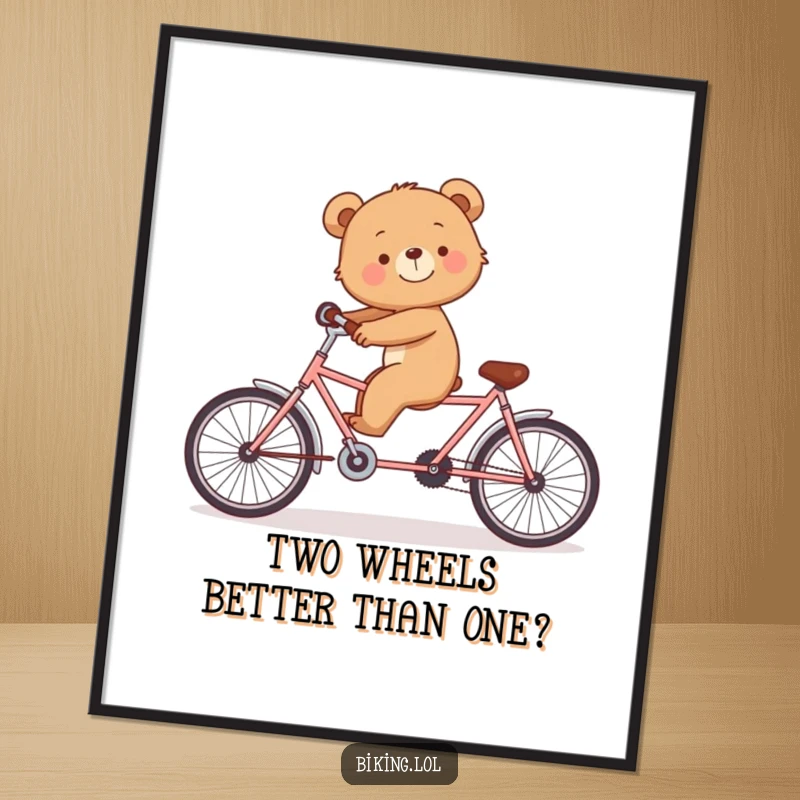 Funny Free Printable Wall Art: Grinning bear cub failing to balance on a tandem bicycle alone, humorous decor, downloadable art.