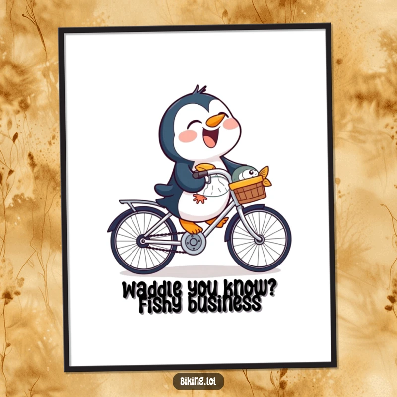 Funny Free Printable Wall Art of a gleeful penguin riding a bicycle with a fresh fish secured in its front basket.