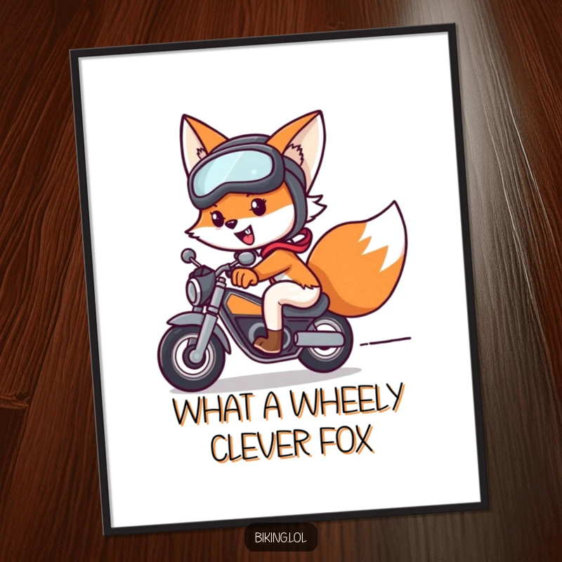Funny Free Printable Wall Art: Fox in helmet and goggles speeding on a bike, adventurous spirit, downloadable.