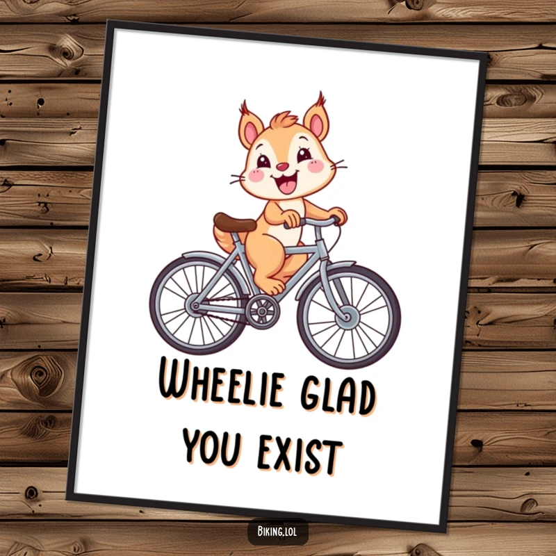Funny Free Printable Wall Art: A playful squirrel with a huge smile rides a bicycle featuring comically oversized wheels.