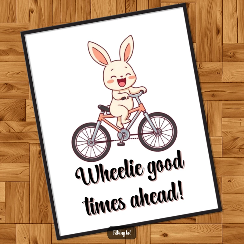 Funny Free Printable Wall Art: A laughing bunny, mid-wheelie on a tiny bicycle, brings chaotic, cheerful energy.