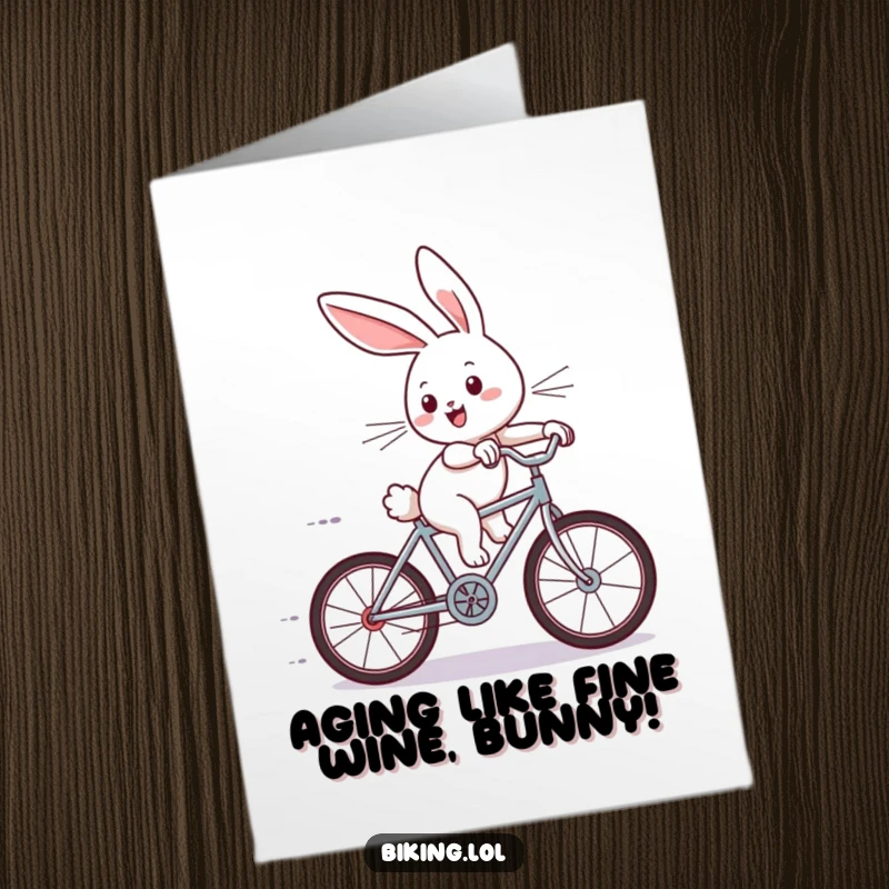 Funny Free Printable Birthday Card: Joyous bunny on tiny bicycle zooming downhill with wind in ears, ready to celebrate wildly.