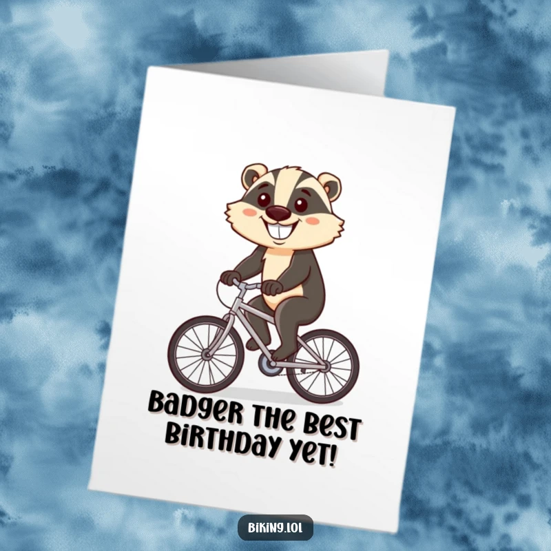 Funny Free Printable Birthday Card: Determined badger grinning while cycling uphill, celebrating a birthday with pure joy.