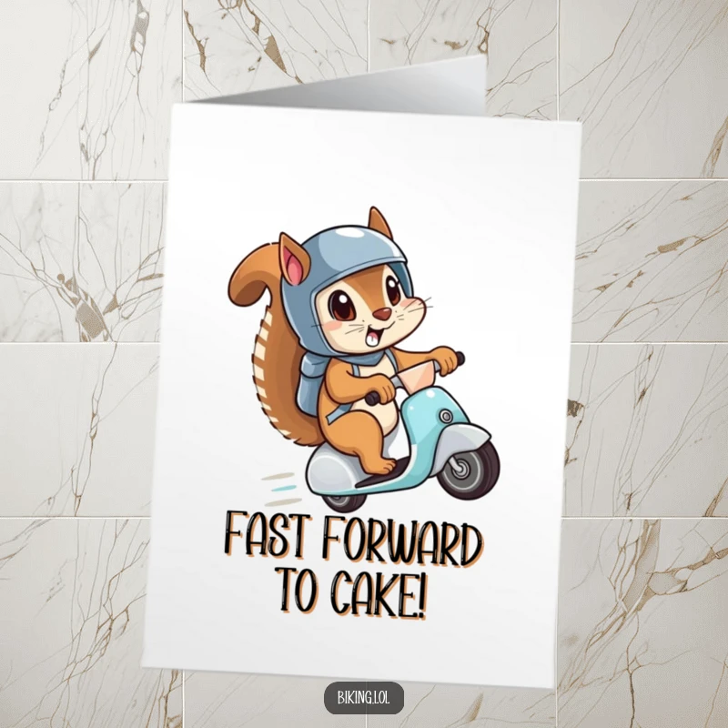 Funny Free Printable Happy Birthday card: Go-karting squirrel in helmet, eyes wide, zooming downhill on a scooter, full of speed.