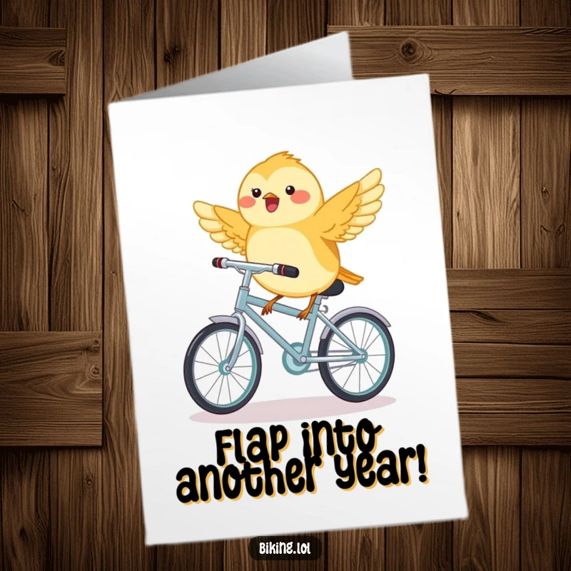 Funny Free Printable Birthday Card: A joyful chickadee rides a miniature bicycle with wings outstretched, celebrating with glee.