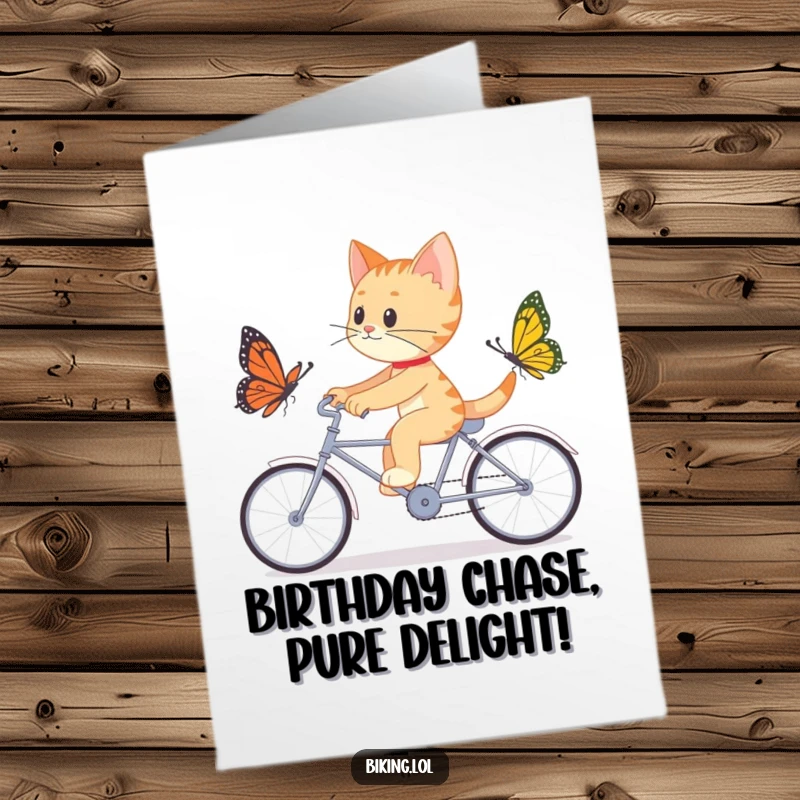 Funny Free Printable Birthday Card: Determined cat intensely chasing a butterfly while pedaling a tandem bicycle with focus.