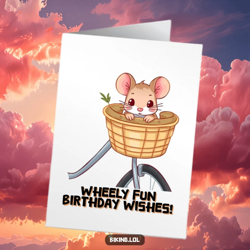 Funny Free Printable Birthday Card: Curious mouse peeking from a bicycle basket, ready for adventure.