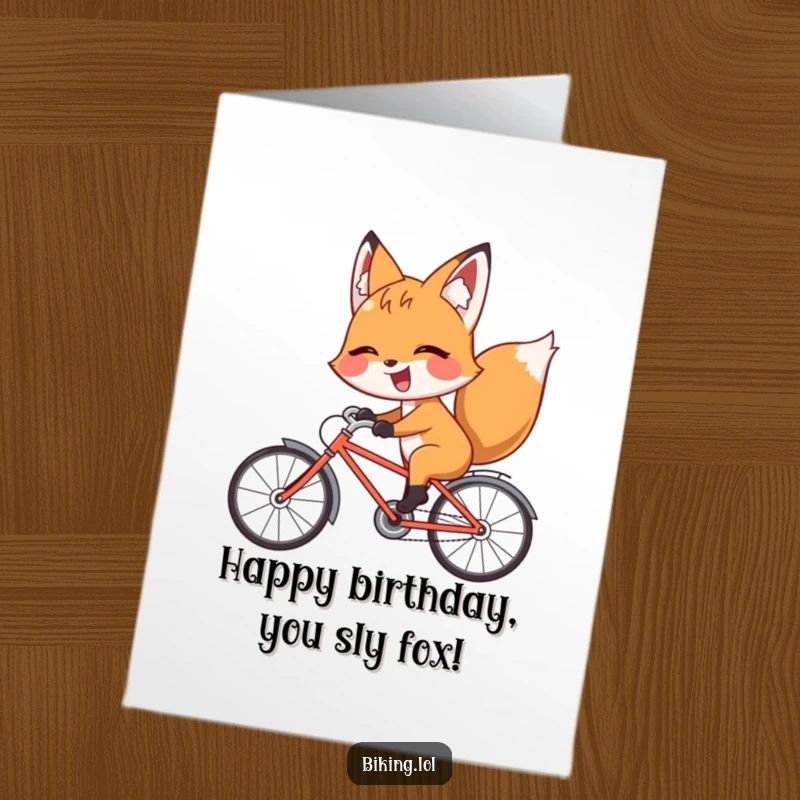 Funny Free Printable Birthday Card: Giggling fox riding a bicycle backward with a playful wink, a mischievous and humorous design.