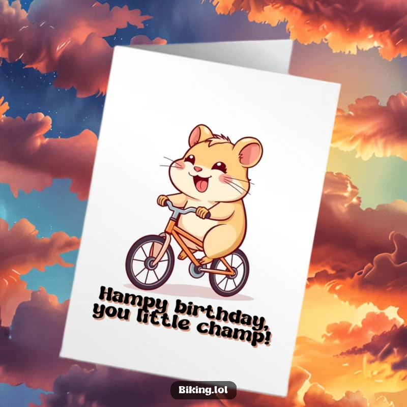 Funny Free Printable Birthday Card: Joyful hamster pedaling a tiny bicycle uphill with a determined grin, a hilarious humorous design.