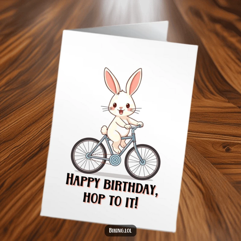 Funny Free Printable Birthday Card: Cheerful rabbit zooming downhill on a bicycle with wind-swept ears, full of energetic humor.