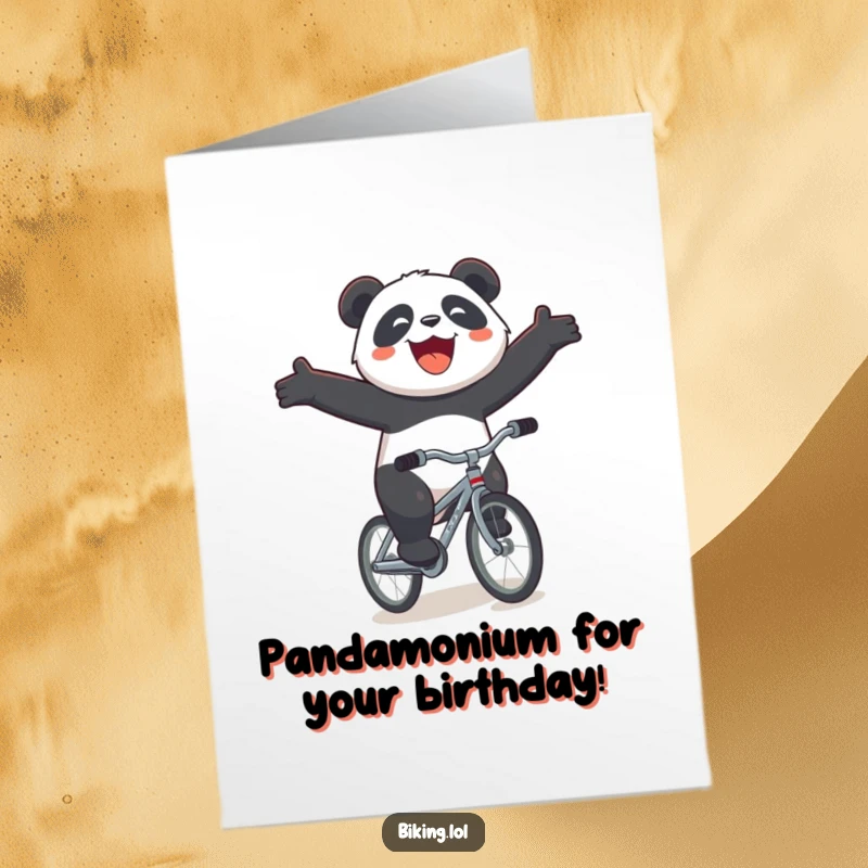 Funny Free Printable Birthday Card: Joyous panda rides a tiny bicycle downhill with arms outstretched, celebrating a birthday.