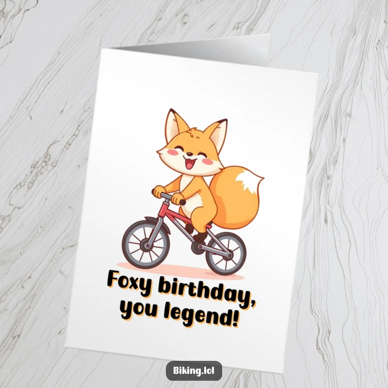 Funny free printable birthday card, a playful fox enthusiastically riding a unicycle with a big grin, celebrating wildly.