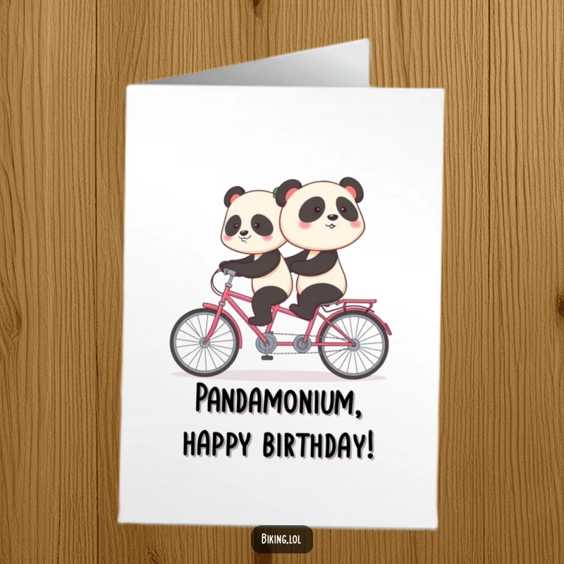Funny Free Printable Birthday Card: Shy panda awkwardly pedaling backward on a tandem bike, humorous greeting.
