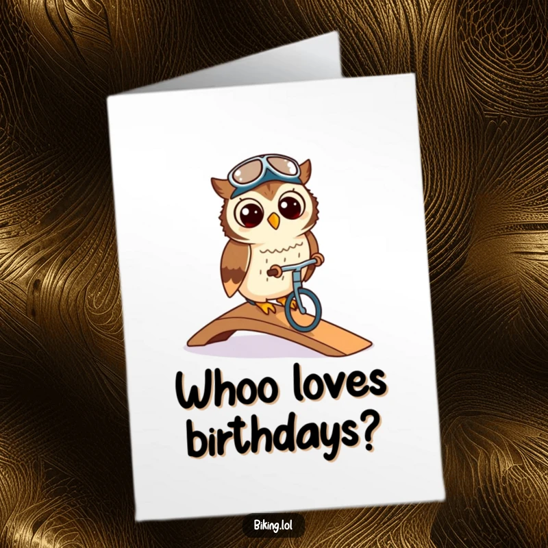 Funny free printable birthday card, a cute owl wearing a cycling cap, elegantly navigating a ramp, ready for celebration.