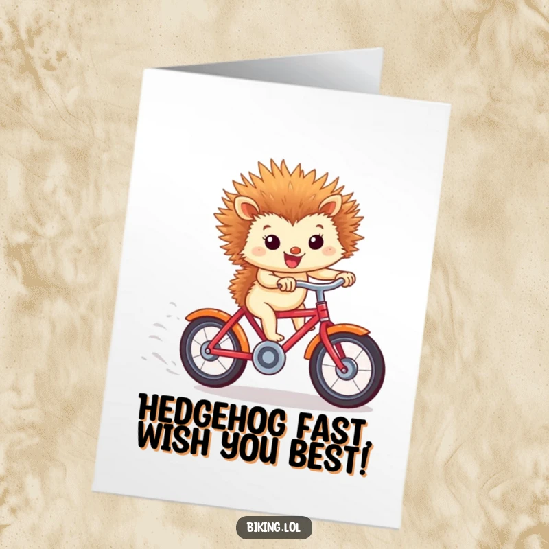 Funny Free Printable Birthday Card: Tiny hedgehog in a red bicycle race, ears flying, going downhill with pure exhilaration.
