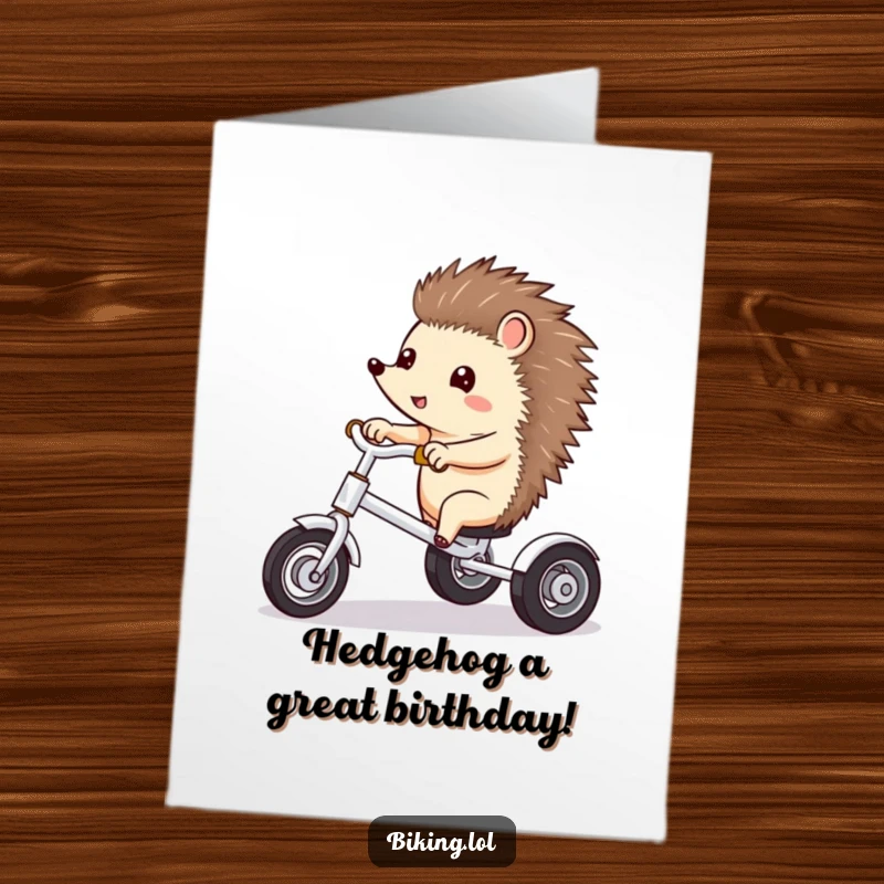 Funny Free Printable Birthday Card: Curious hedgehog excitedly rides a tricycle, pointing forward, ready for adventure, great DIY gift.