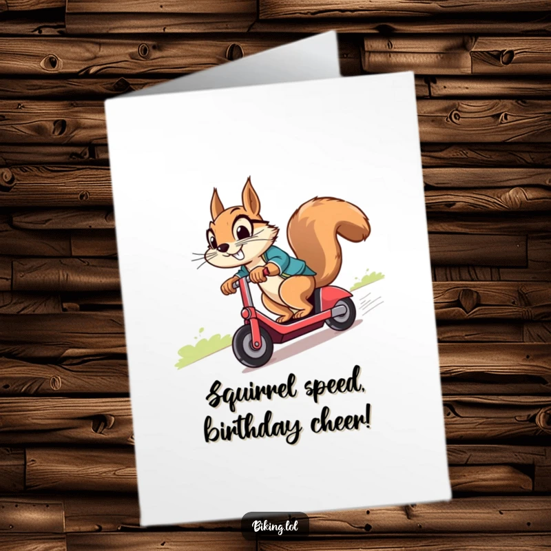 Funny Free Printable Birthday Card: Squirrel zooming downhill on a scooter with a determined, cheeky grin, ready to deliver laughs.