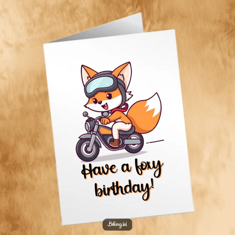 Funny Free Printable Birthday Card: Cheerful fox in helmet speeding on a bike, ready for fun, downloadable.