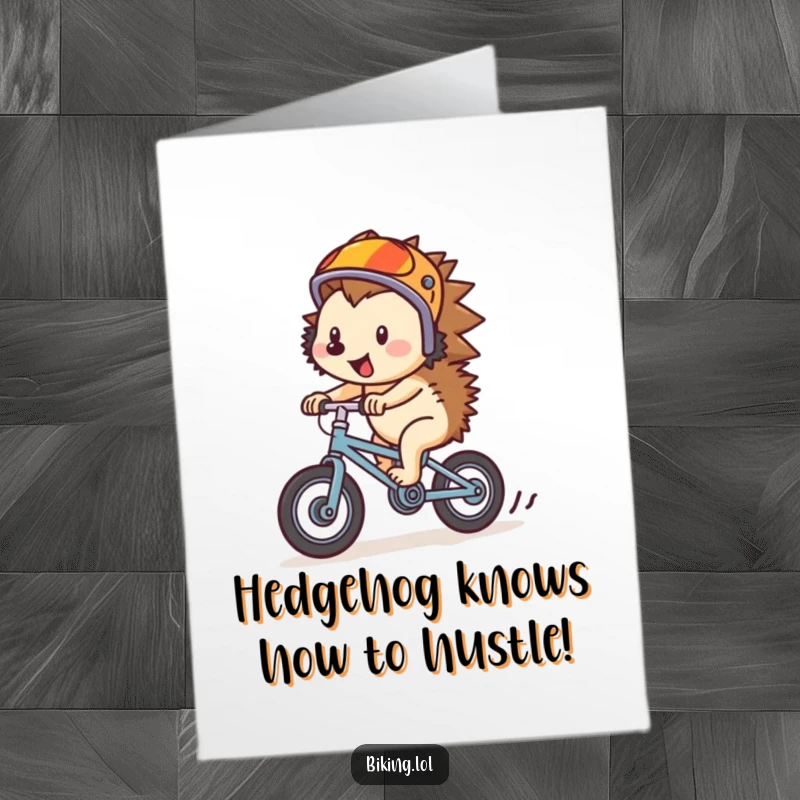 Funny free printable birthday card, a cheerful hedgehog in a helmet, speeding downhill on a tiny bike, ready to party.