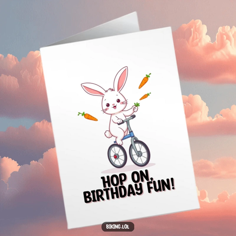 Funny Free Printable Birthday Card: Playful rabbit balancing on a unicycle while expertly juggling several bright orange carrots.