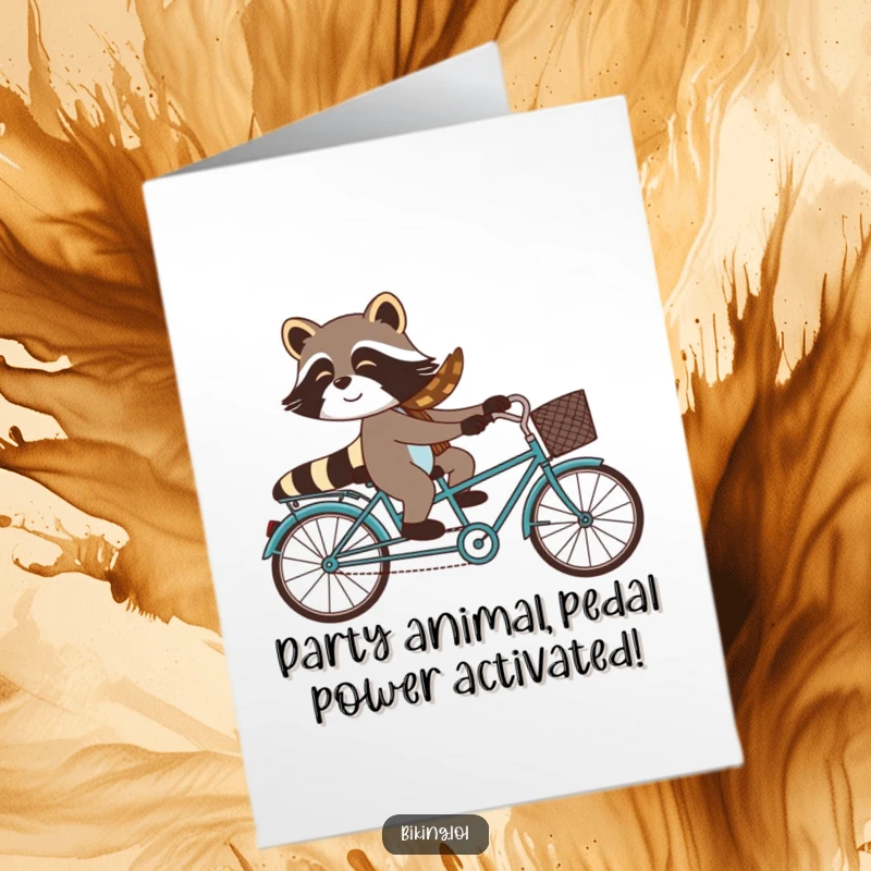 Funny Free Printable Birthday Card: Silly raccoon cycling tandem with a shocked friend, ready for a wild birthday adventure.
