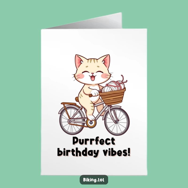 Free Printable Birthday Card: Giggling Cat Yarn Bike Funny Downloadable Gift for Cat Lovers