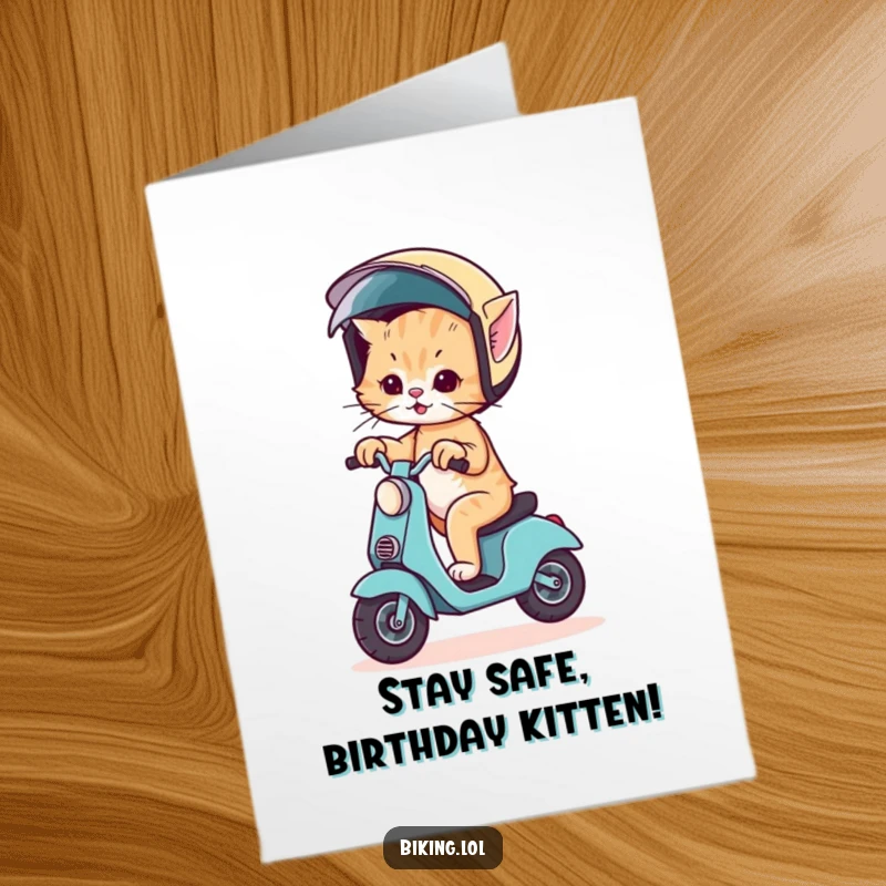 Funny Free Printable Birthday Card: Wobbly kitten on scooter with comically large helmet, attempting a wild birthday ride.