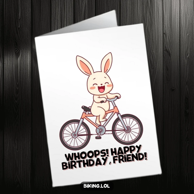 Funny Free Printable Birthday Card: Laughing bunny performs a clumsy wheelie on a tiny bicycle, spreading chaotic joy.