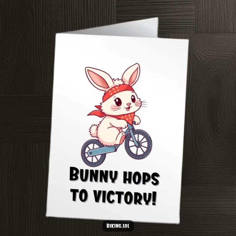 Funny free printable congratulations card, a fluffy bunny with a bandana flying, attempting a wheelie on a bike, celebrating victory.