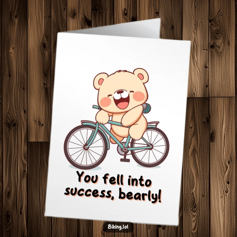Funny Free Printable bear cub card with a laughing cub making a silly face while falling off a bicycle.