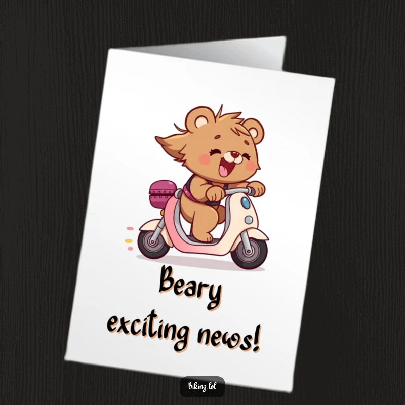 Funny Free Printable Congrats Card: Bear cub zooming downhill on a scooter, celebrating success, downloadable art.