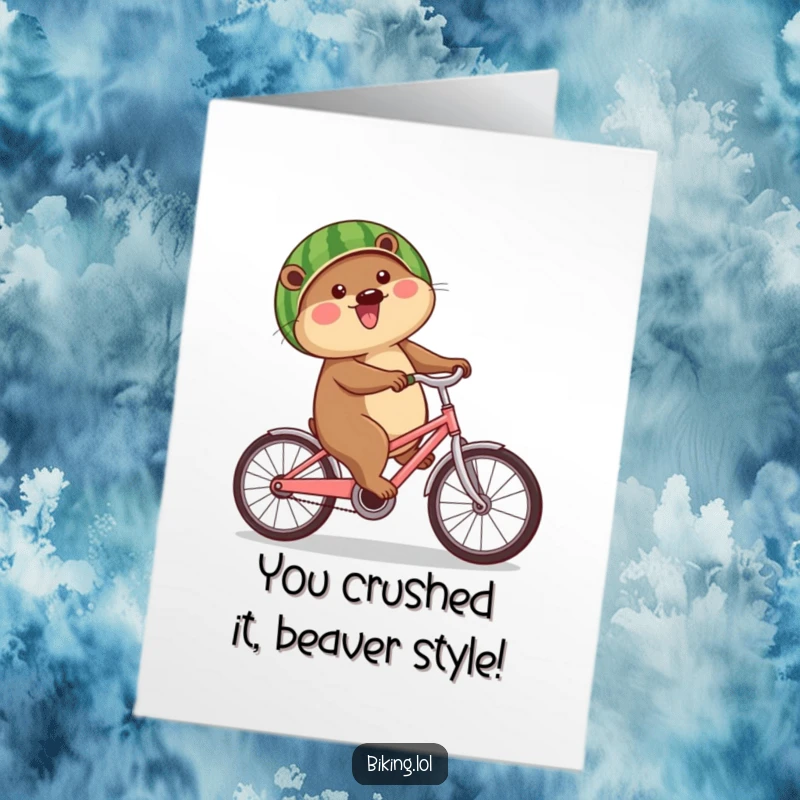 Funny Free Printable Congrats Card: Beaver on bike with watermelon helmet, celebrating success, downloadable greeting.