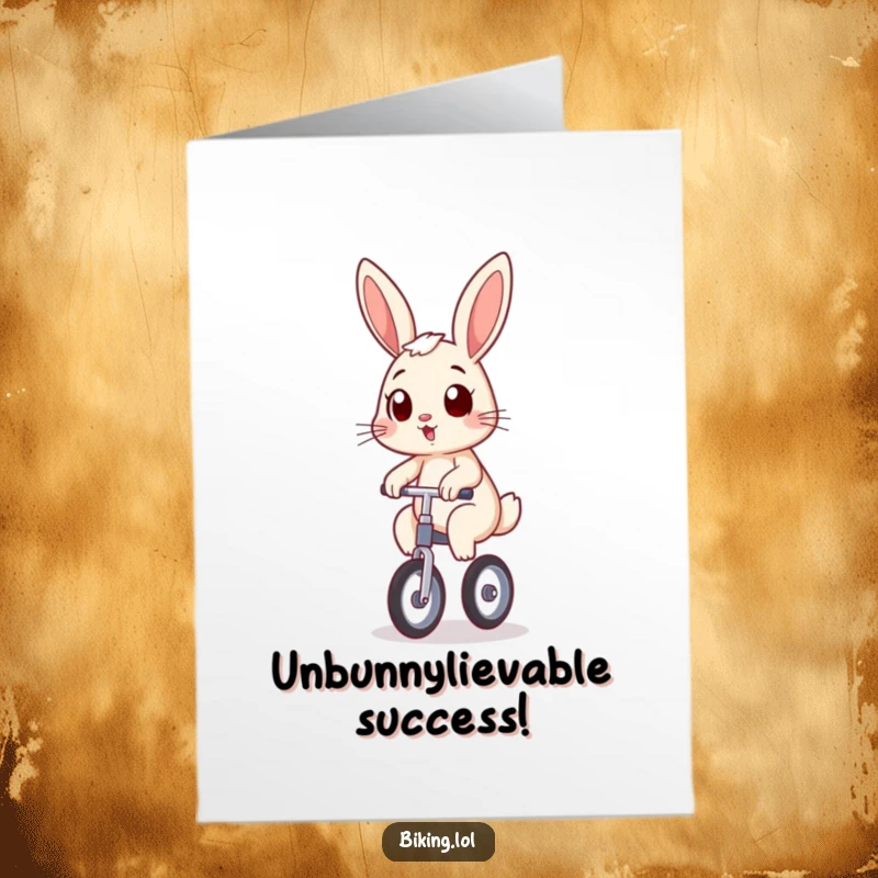 Funny Free Printable Congrats Card: Bunny wobbling on a unicycle with a grin, overcoming challenges, downloadable.