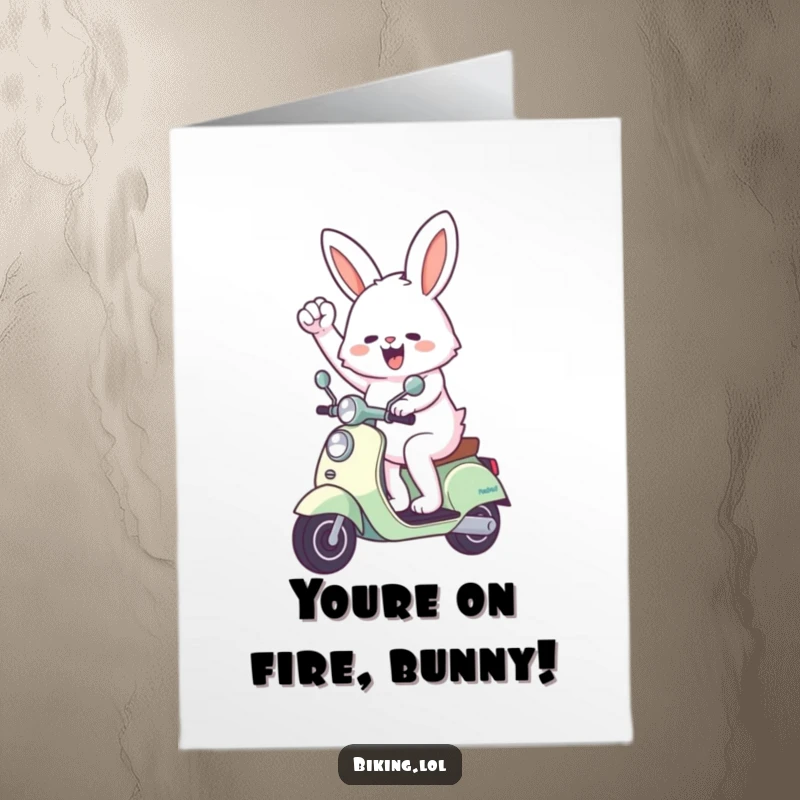 Funny Free Printable Congratulations Card: A triumphant bunny on a scooter pumps its fist, celebrating a significant accomplishment.