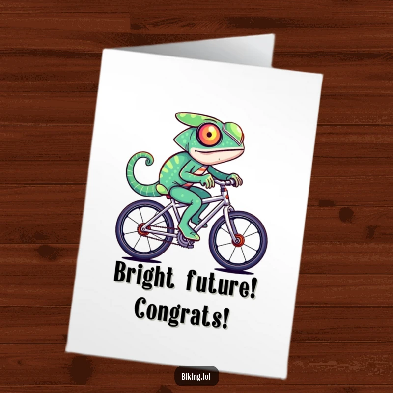 Funny Free Printable Congrats Card: A chameleon rides a bicycle at high speed, its colors shifting rapidly in celebration.