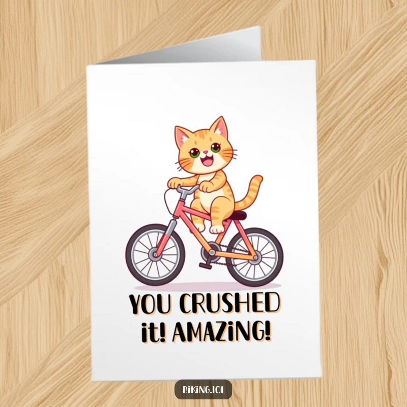 Funny Free Printable Congratulations Card showcasing a confident cat masterfully doing a wheelie on a vibrant bicycle.