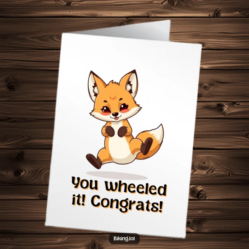 Funny Free Printable Congratulations Card: Confident fox cub executing a stylish wheelie on a bike, celebrating a successful milestone.