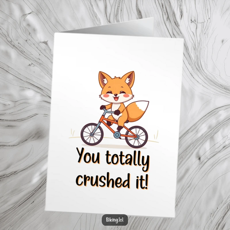 Funny Free Printable Congratulations Card: A happy fox with outstretched paws, excitedly riding a tiny bicycle downhill, celebrating a big win.