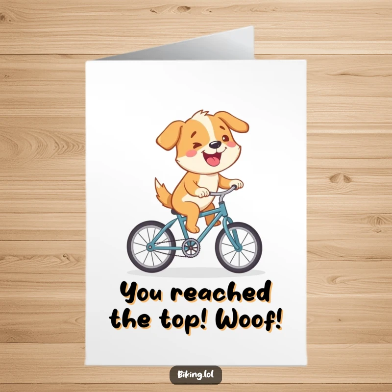 Funny Free Printable Congrats Card: A cartoon dog with a determined grin rides a bicycle uphill, celebrating a tough win.