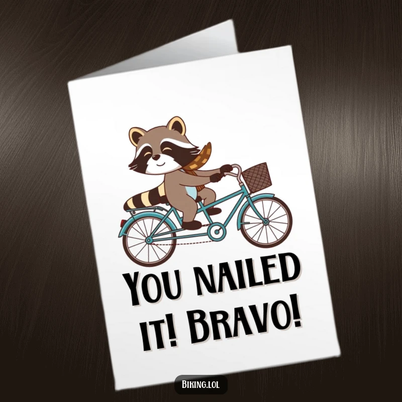 Funny Free Printable Congratulations Card: Raccoon on a tandem bike with a surprised rider, celebrating your amazing achievement.